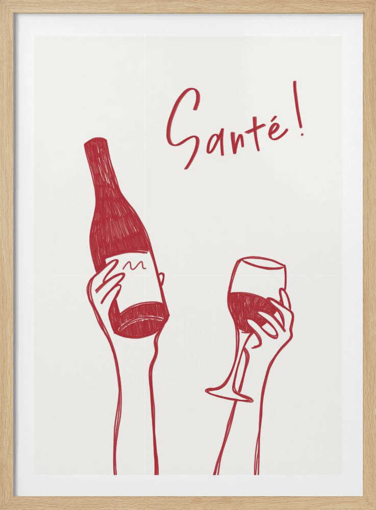 Mains tenant une bouteille et un verre de vin avec l'inscription « À votre santé ! » en français | Affiche