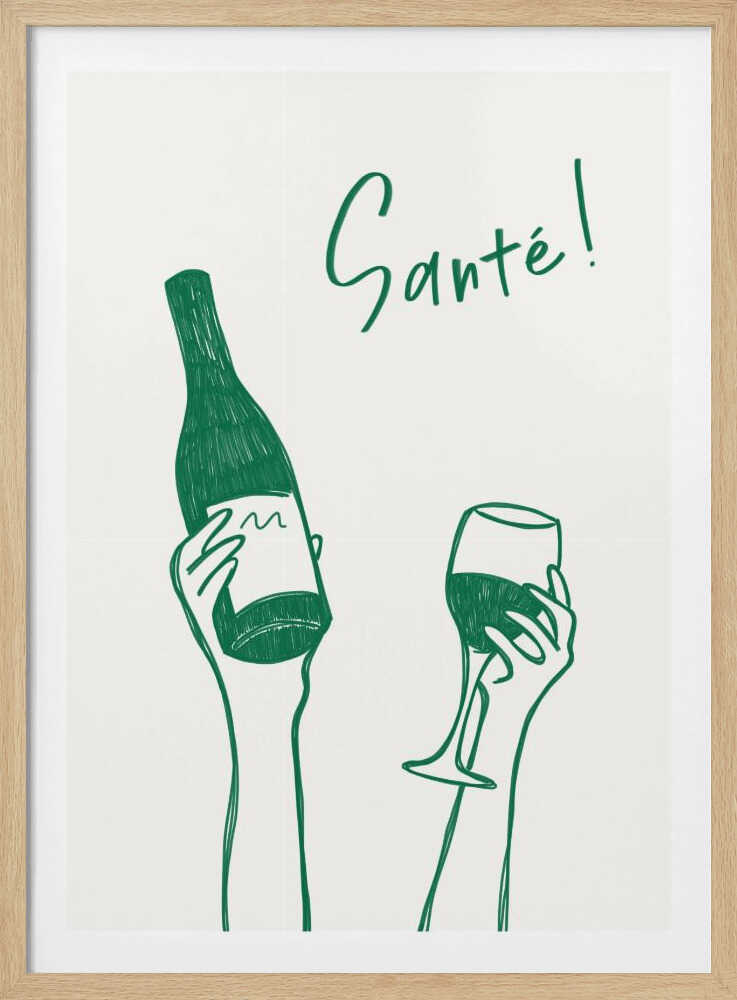 Hände halten eine Weinflasche und ein Weinglas mit dem französischen Text „Cheers!“ | Poster