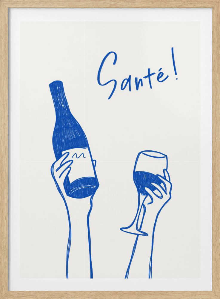 Hände halten eine Weinflasche und ein Weinglas mit dem französischen Text „Cheers!“ | Poster