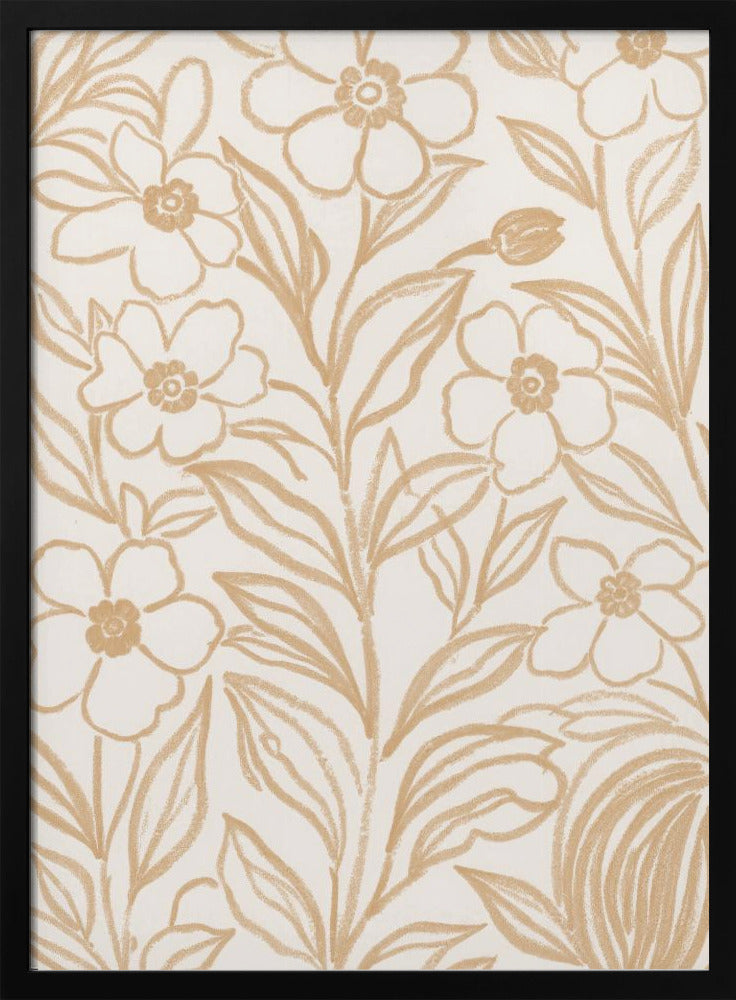 Beige Floral Line Art Pattern by Melloi Art Prints - Black Frame Interior