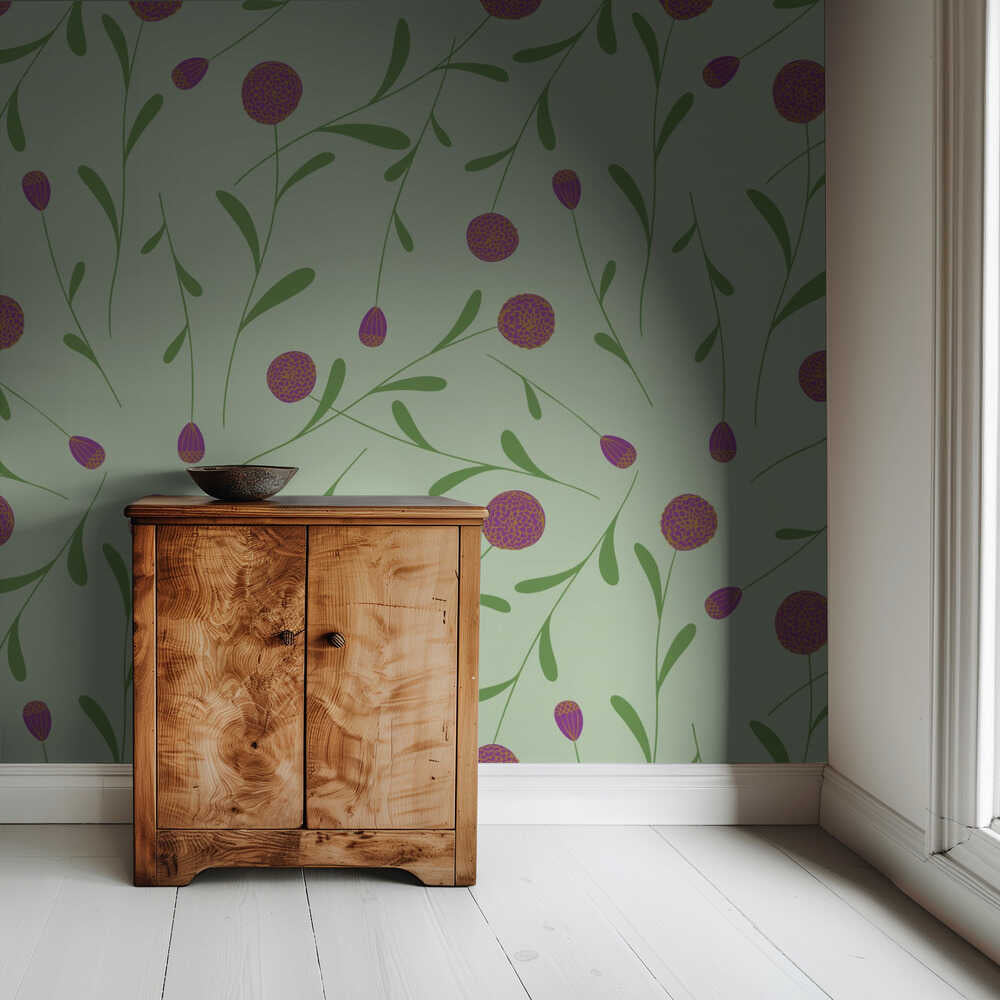 Pompom Flower Green and Pink Hw | Wallpaper