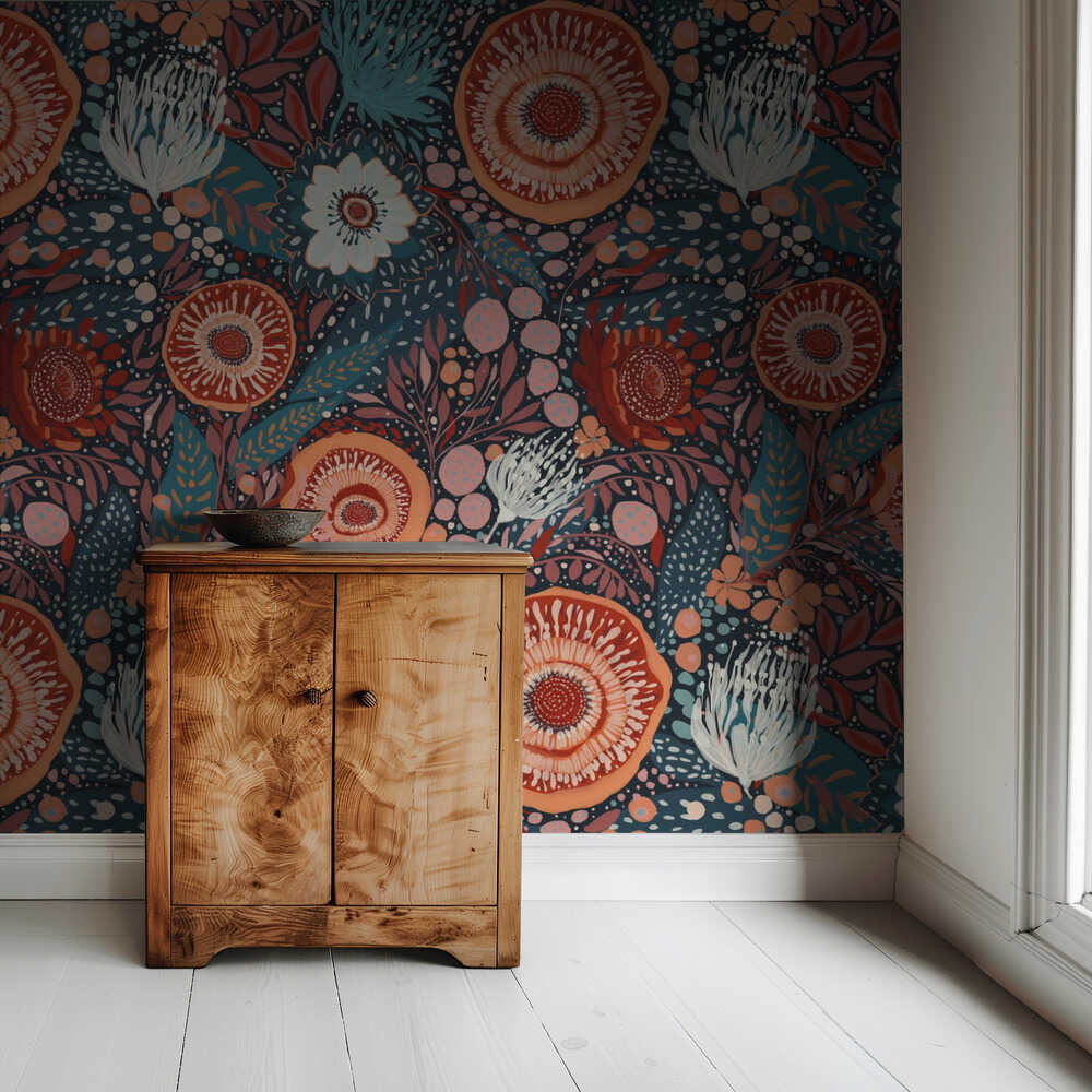 whimsical folk art-inspired pattern. Hand-painted flowers and foliage | Wallpaper