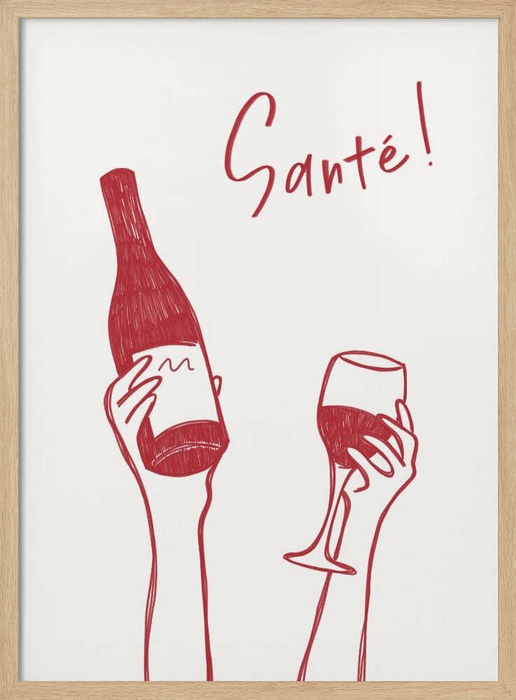 Mains tenant une bouteille et un verre de vin avec l'inscription « À votre santé ! » en français | Affiche