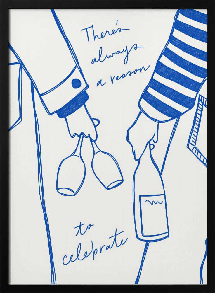 Frau mit Weinflasche und Weinglas (Blau) – Weinplakat für Frauen in Blau | Poster