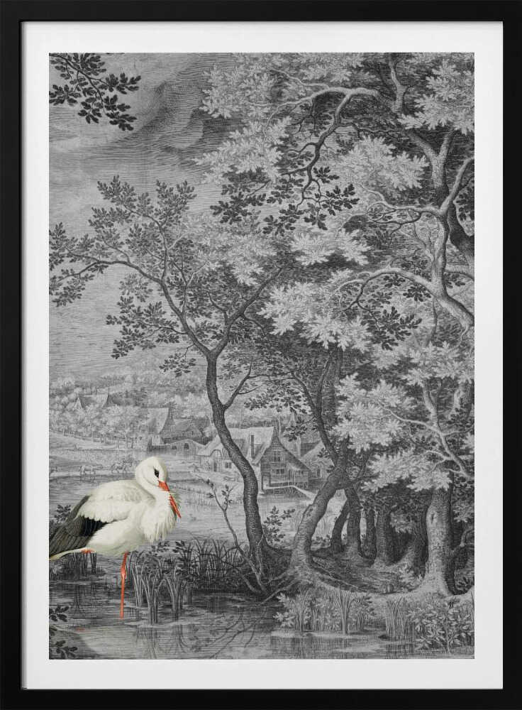Paysage vintage avec cigogne | Affiche
