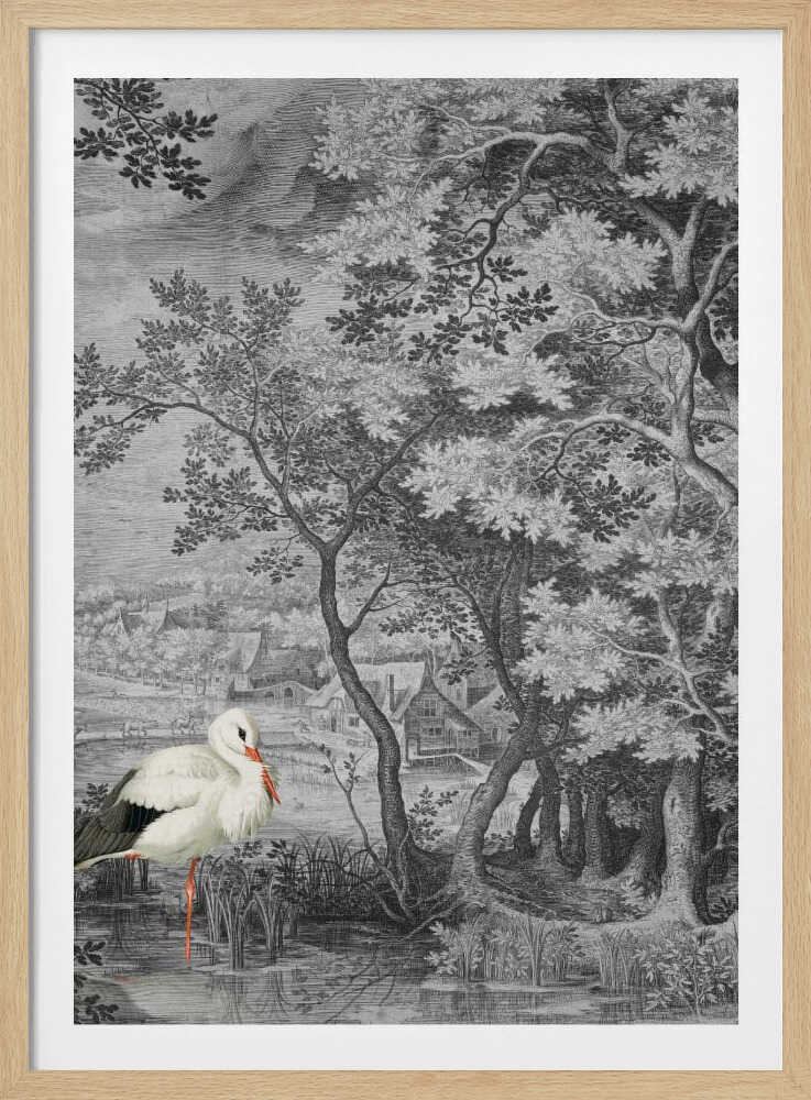 Paysage vintage avec cigogne | Affiche