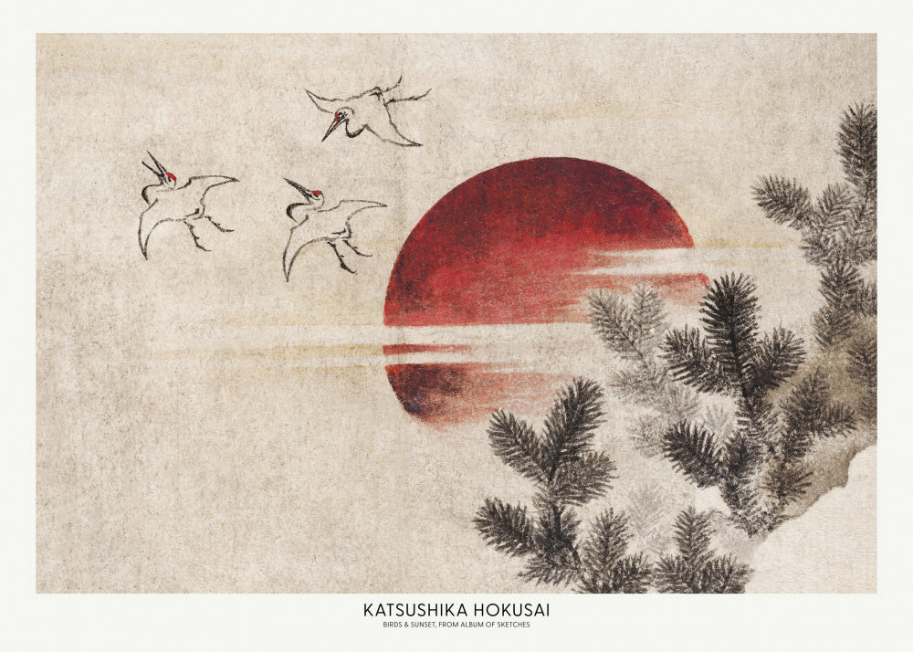 Katsushika Hokusai's Birds and Sunset, From Album of Sketches (1814) | Poster