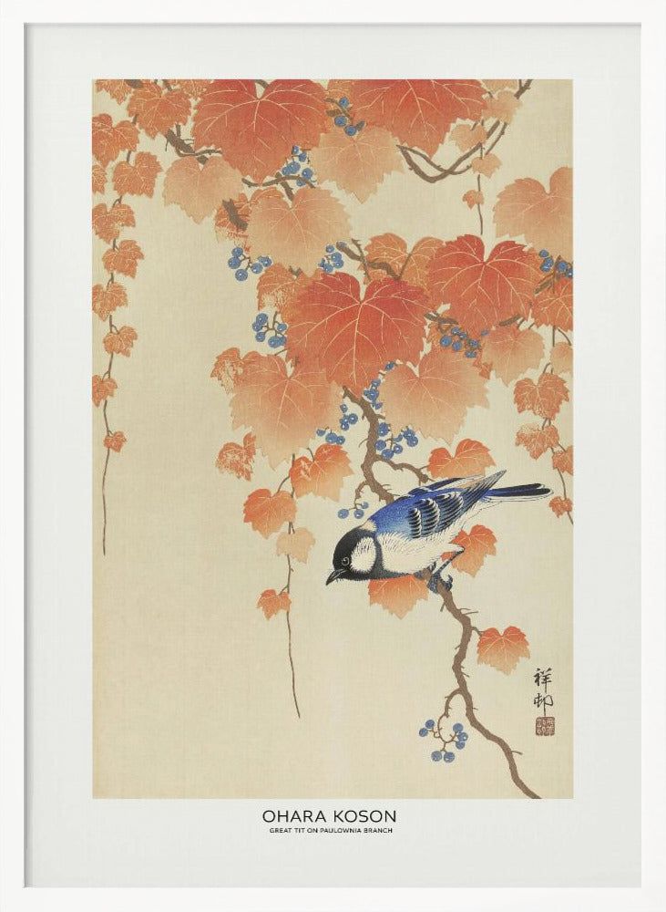 Great Tit On Paulownia Branch | Poster - White Frame Interior