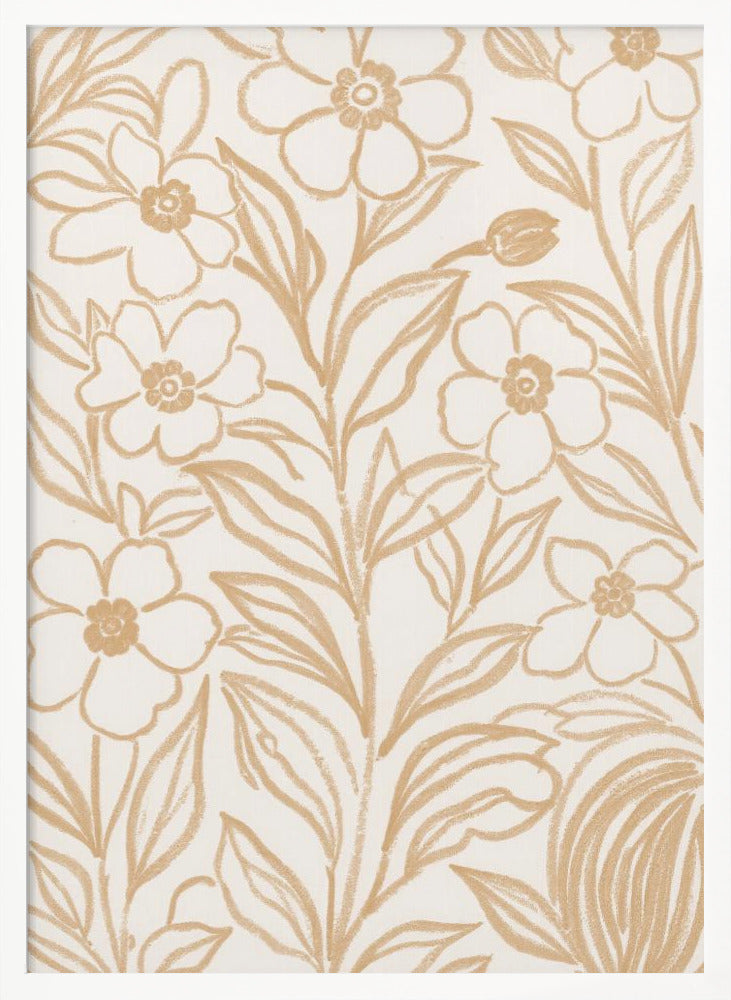 Beige Floral Line Art Pattern | Poster - White Frame Interior