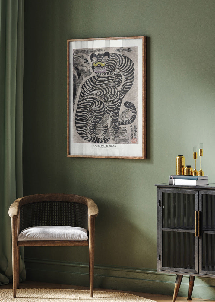 Talismanic Tiger (20th Century) Vintage Japanese Painting With Boarder | Poster - Room Interior 2