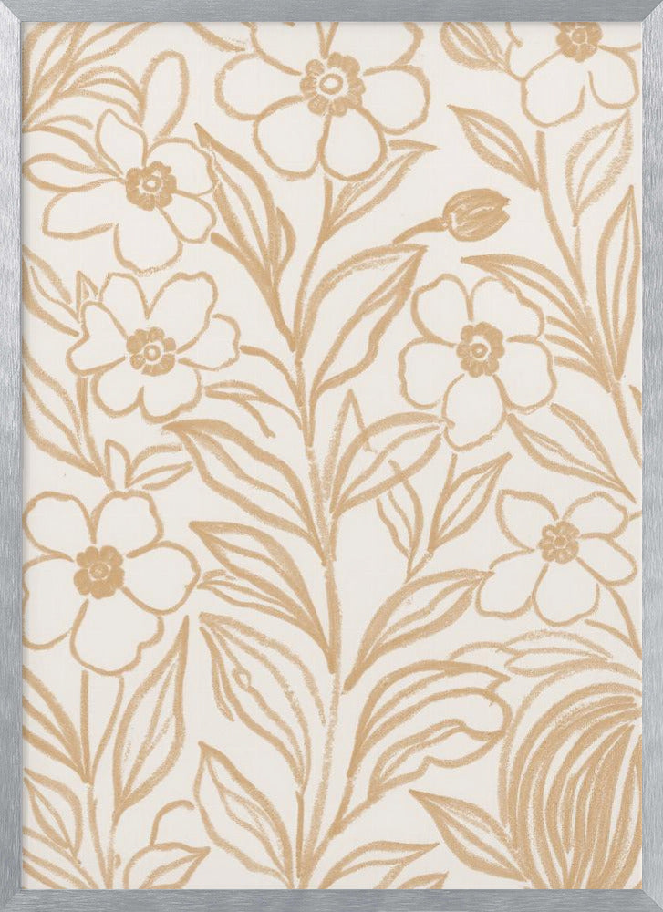 Beige Floral Line Art Pattern | Poster - Silver Frame Interior