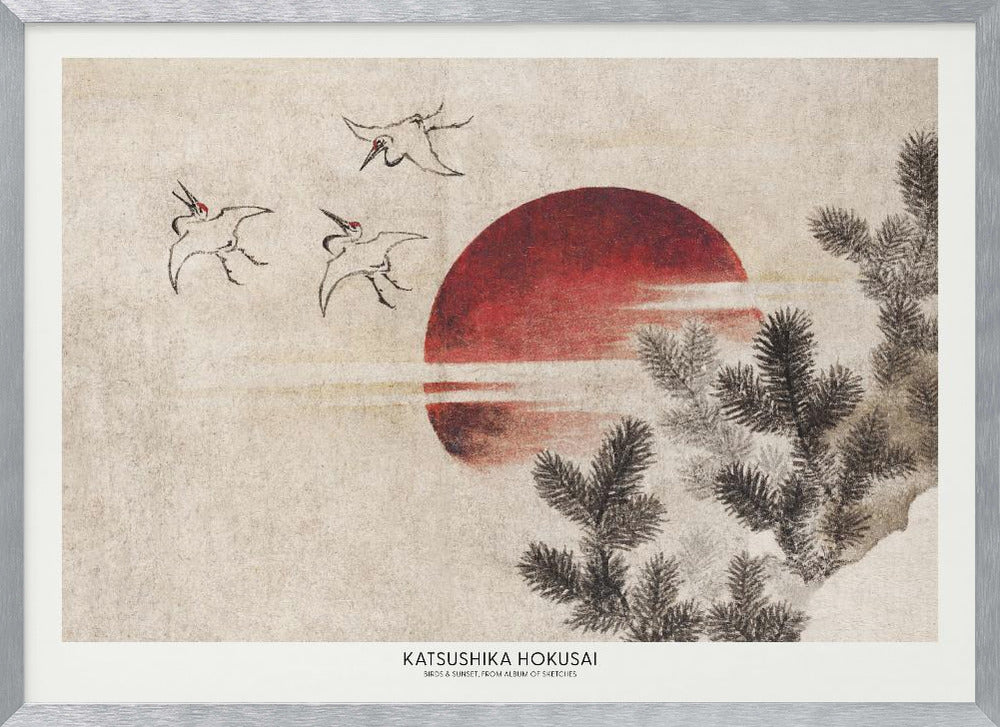 Katsushika Hokusai's Birds and Sunset, From Album of Sketches (1814) | Poster - Silver Frame Interior