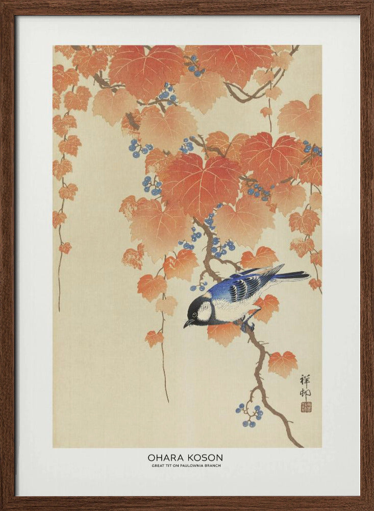 Great Tit On Paulownia Branch | Poster - Walnut Frame Interior