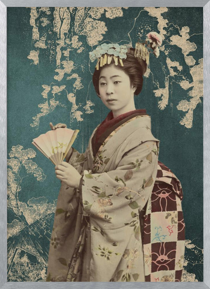 Young Woman With Fan | Poster - Silver Frame Interior