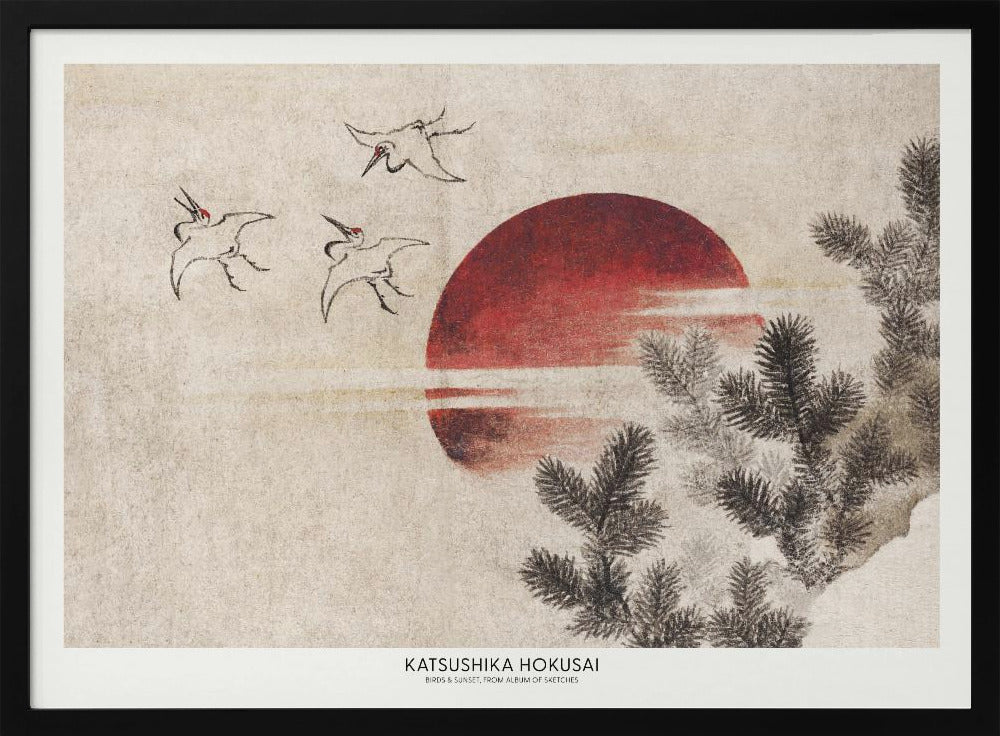 Katsushika Hokusai's Birds and Sunset, From Album of Sketches (1814) | Poster - Black Metal Frame Interior