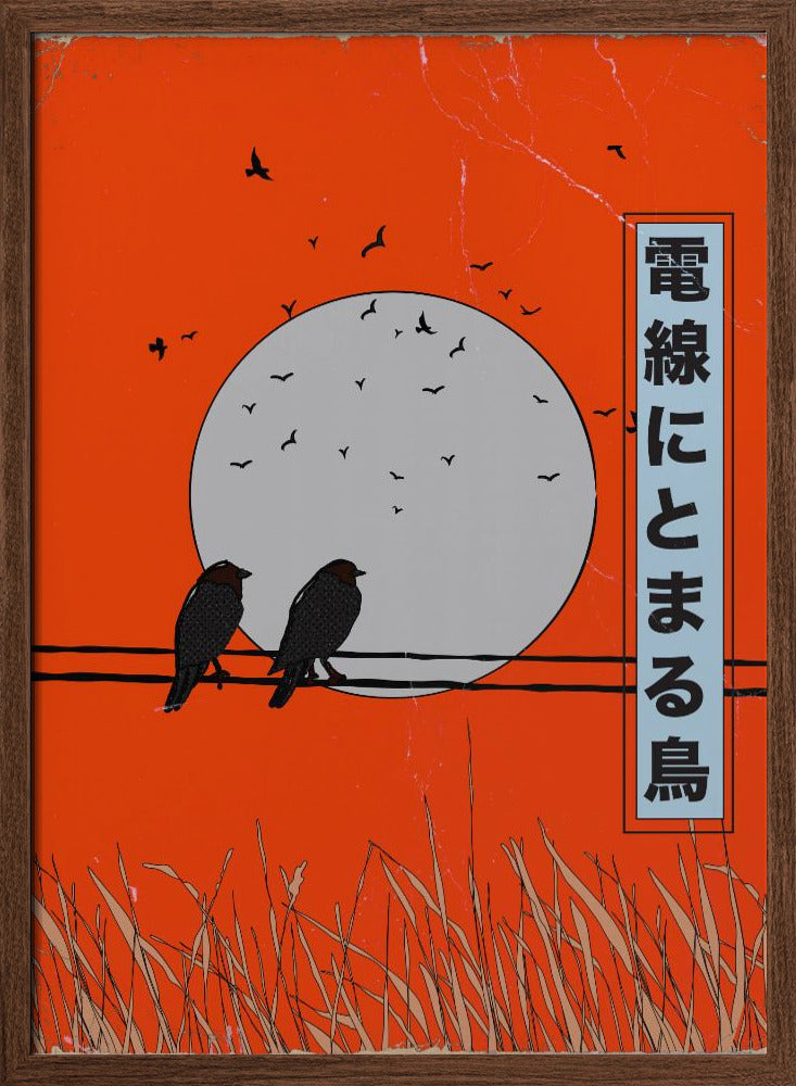Birds Perched on a Wire | Poster - Walnut Frame Interior