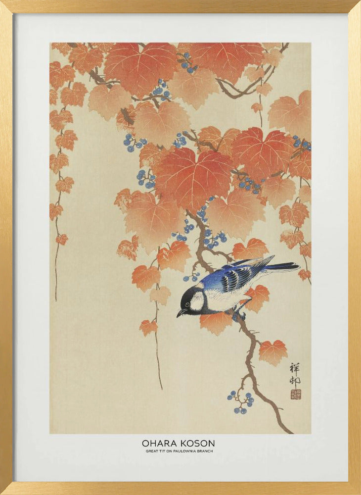 Great Tit On Paulownia Branch | Poster - Gold Frame Interior