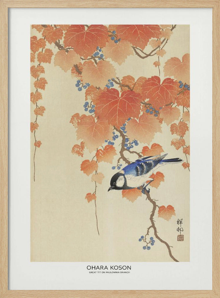 Great Tit On Paulownia Branch | Poster - Wood Frame Interior