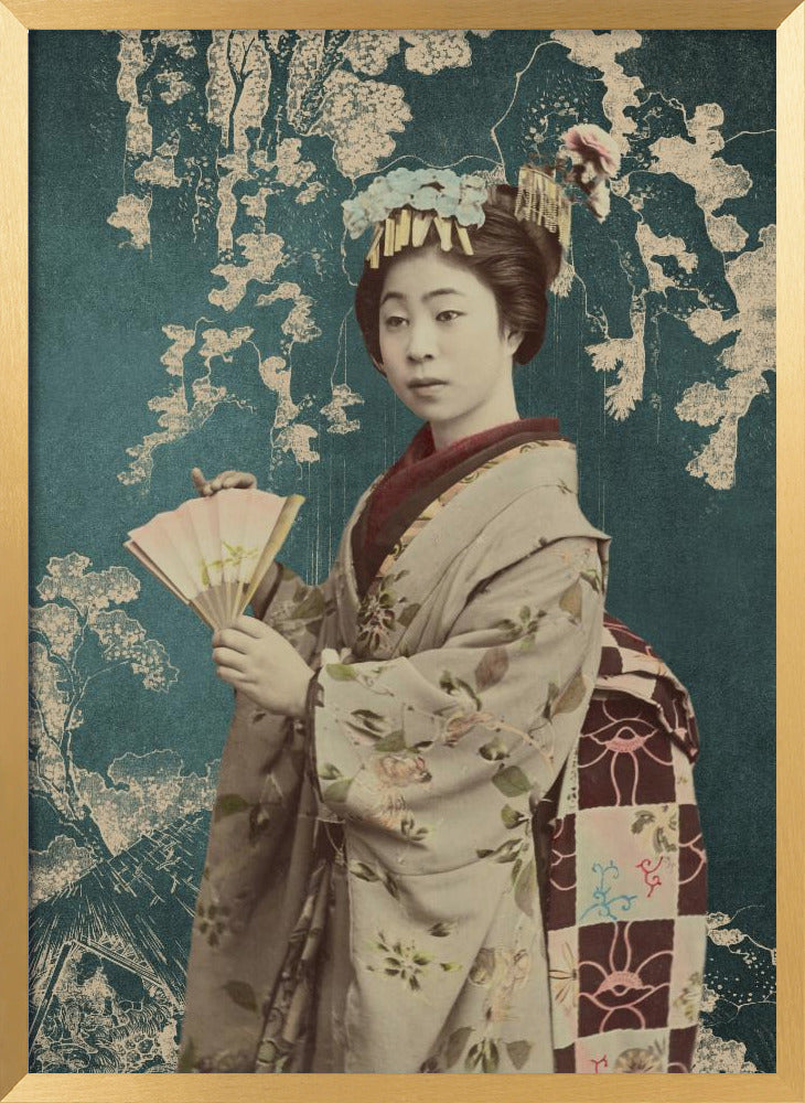 Young Woman With Fan | Poster - Gold Frame Interior