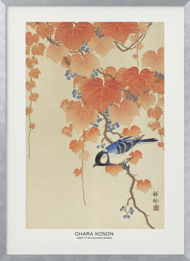 Great Tit On Paulownia Branch | Poster - Silver Frame Interior