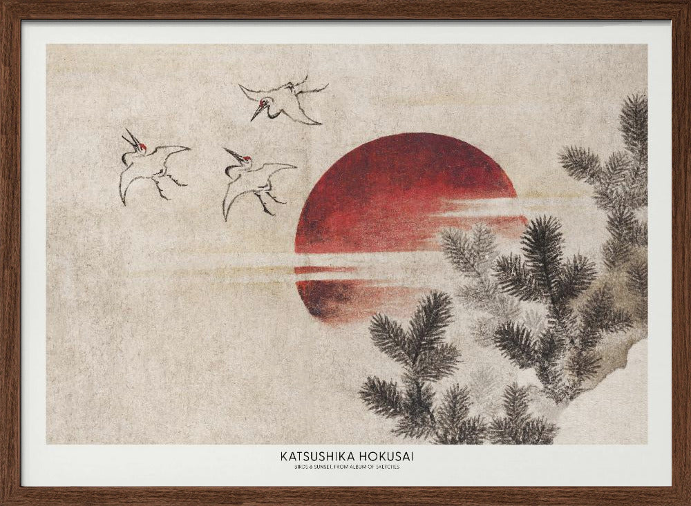 Katsushika Hokusai's Birds and Sunset, From Album of Sketches (1814) | Poster - Walnut Frame Interior