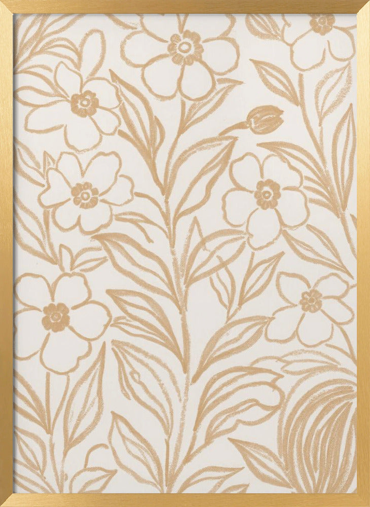 Beige Floral Line Art Pattern | Poster - Gold Frame Interior