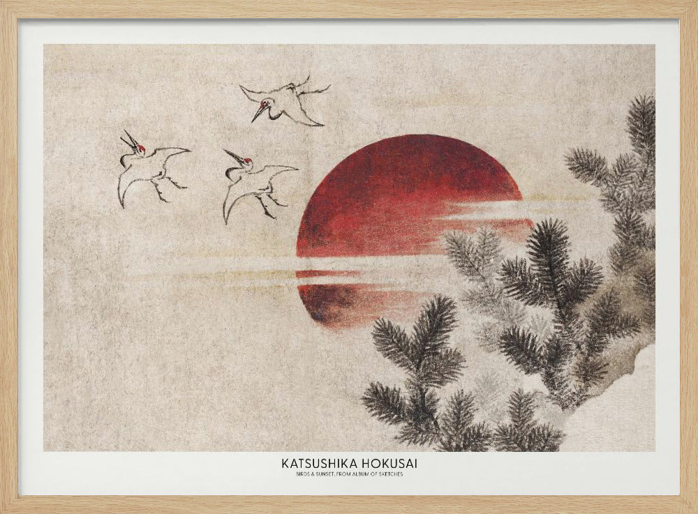 Katsushika Hokusai's Birds and Sunset, From Album of Sketches (1814) | Poster - Wood Frame Interior
