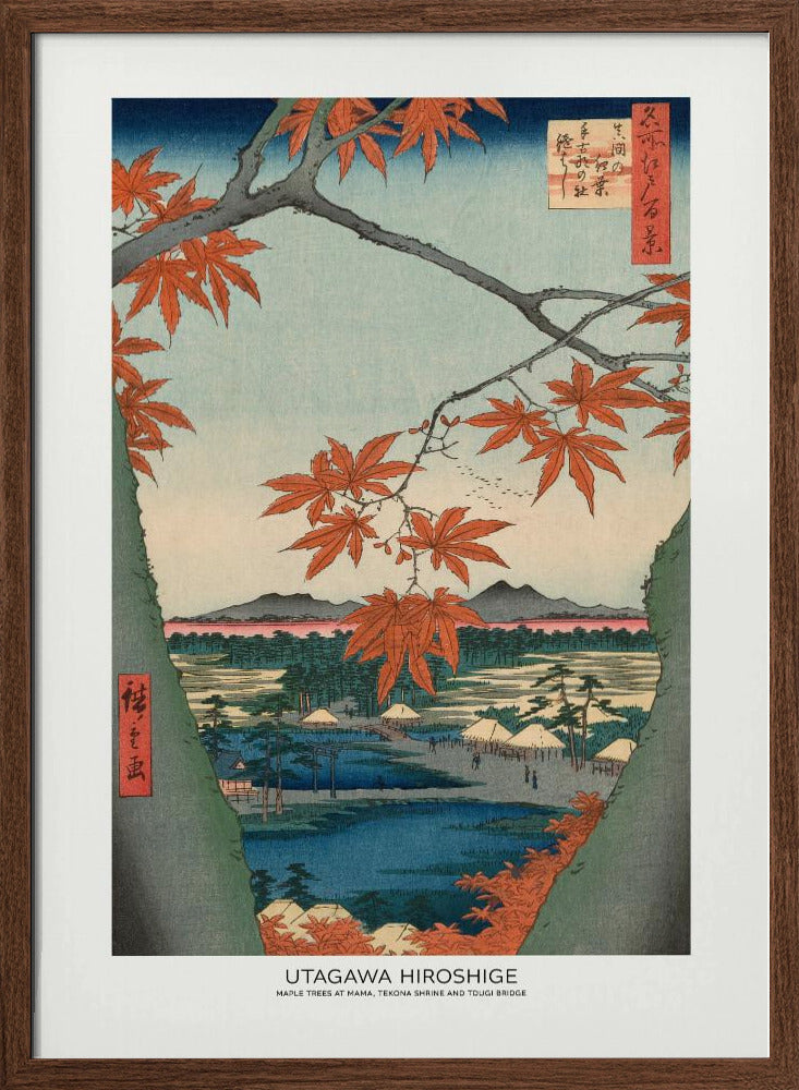 Maple Trees At Mama, Tekona Shrine and Tdugi Bridge | Poster - Walnut Frame Interior