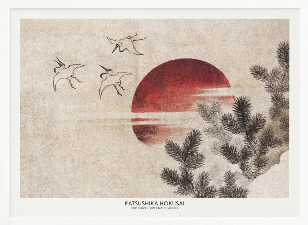 Katsushika Hokusai's Birds and Sunset, From Album of Sketches (1814) | Poster - White Frame Interior