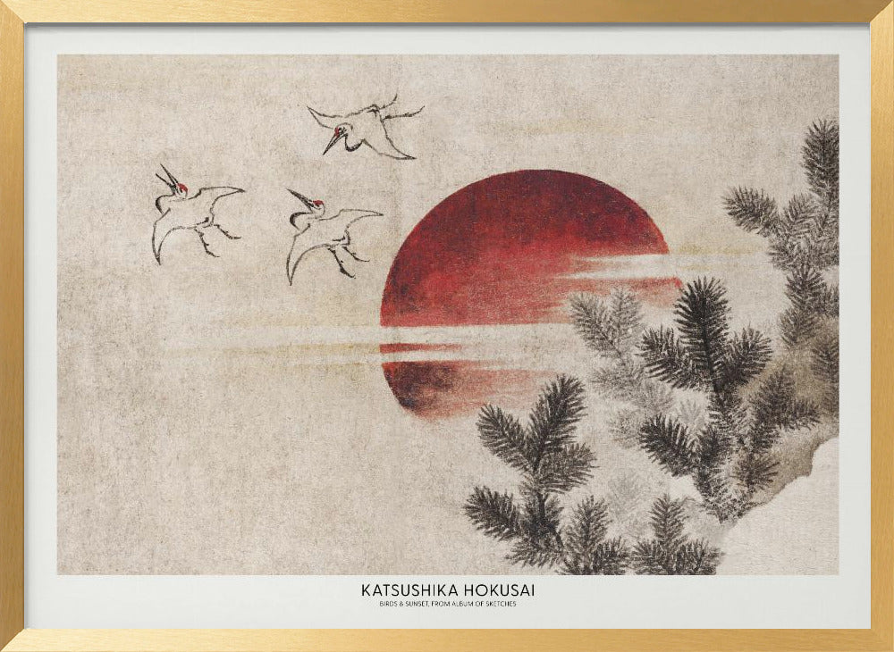 Katsushika Hokusai's Birds and Sunset, From Album of Sketches (1814) | Poster - Gold Frame Interior