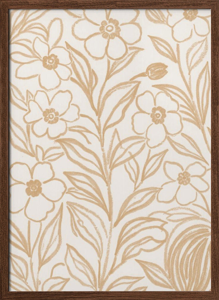 Beige Floral Line Art Pattern | Poster - Walnut Frame Interior