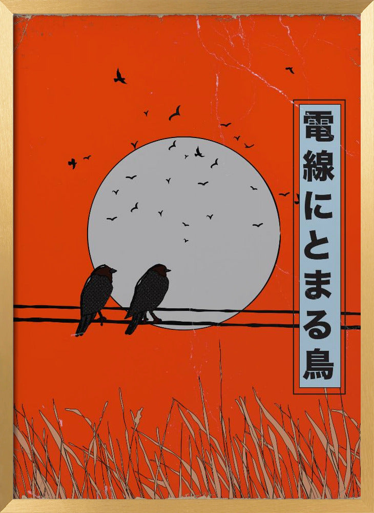 Birds Perched on a Wire | Poster - Gold Frame Interior