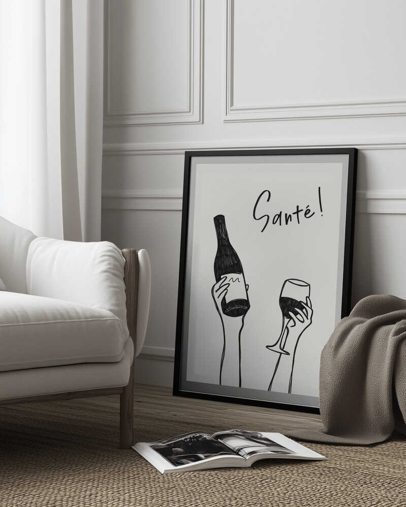 Hände halten eine Weinflasche und ein Weinglas mit dem französischen Text „Cheers!“ | Poster