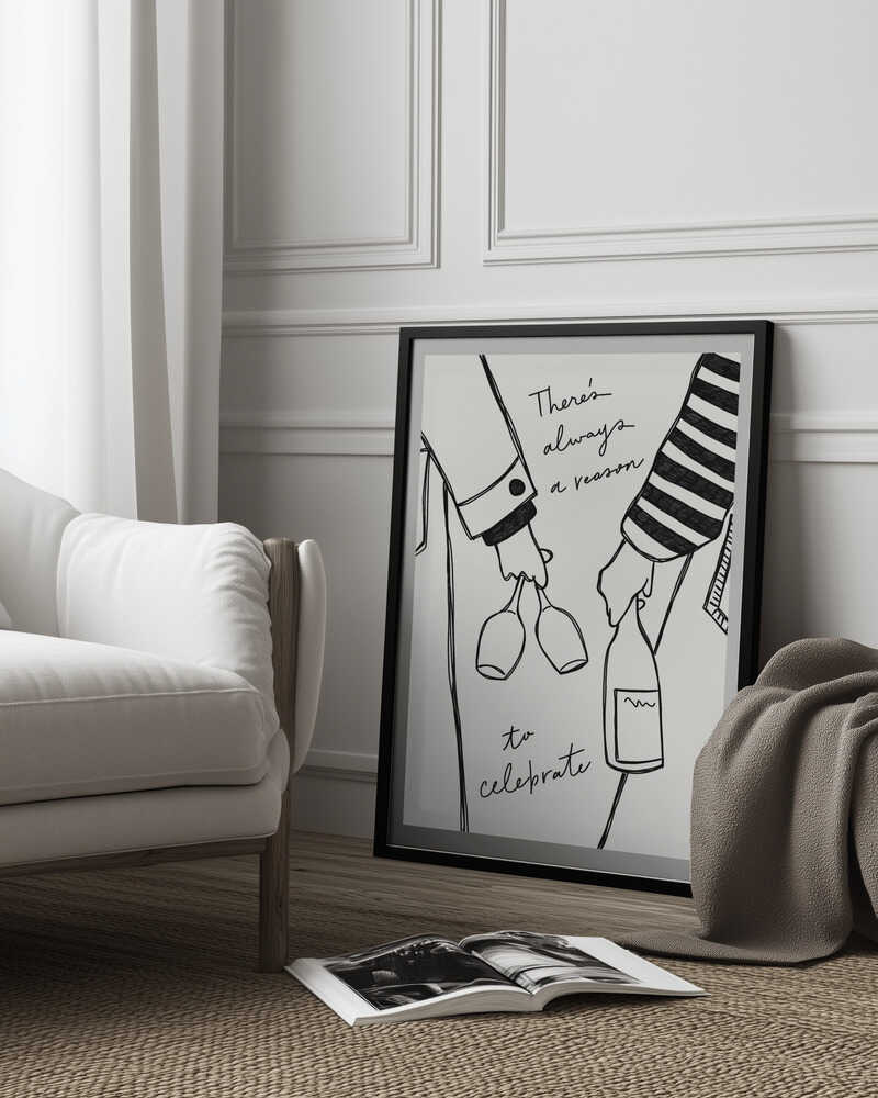 Frau mit Weinflasche und Weinglas (Schwarz-Weiß) – Weinplakat