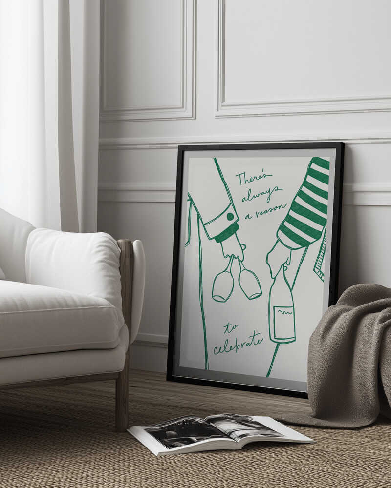 Frau mit Weinflasche und Weinglas (Grün) - Weinplakat