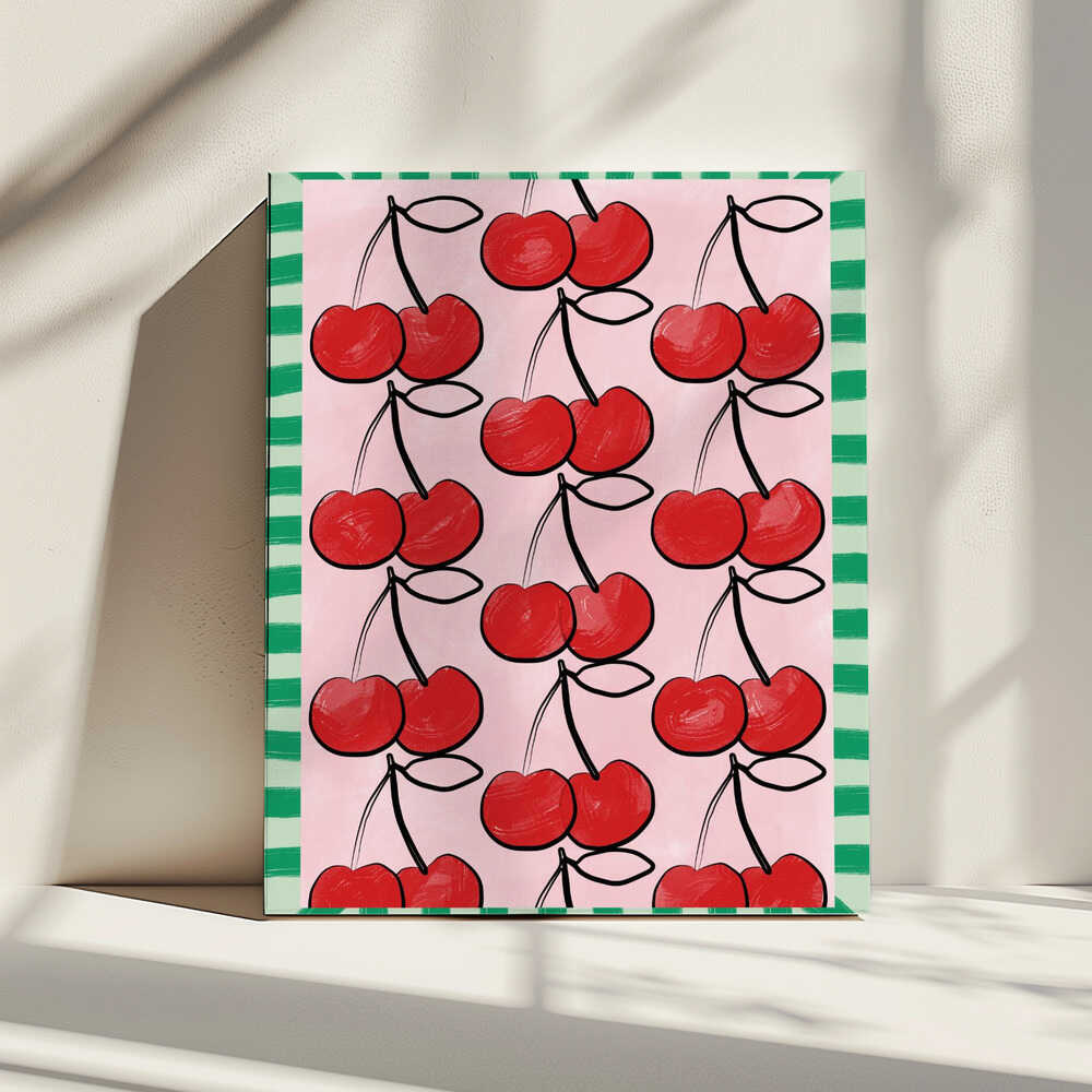 Cerises rouges sur toile rose