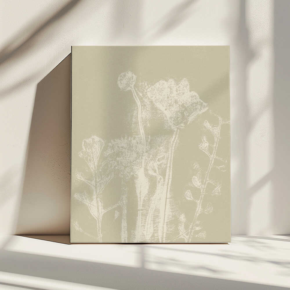 Motifs floraux abstraits. Plantes et fleurs blanches des prés sur fond beige neutre. | Toile