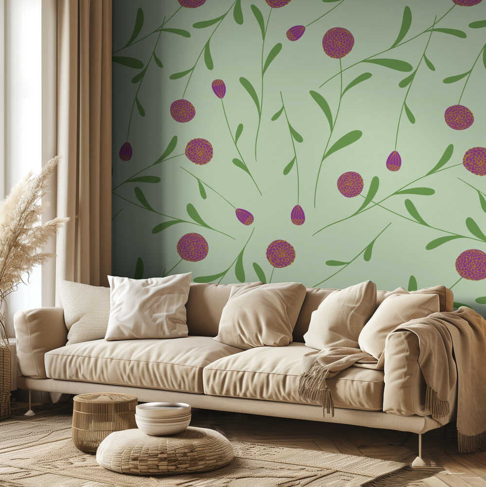 Pompom Flower Green and Pink Hw | Wallpaper