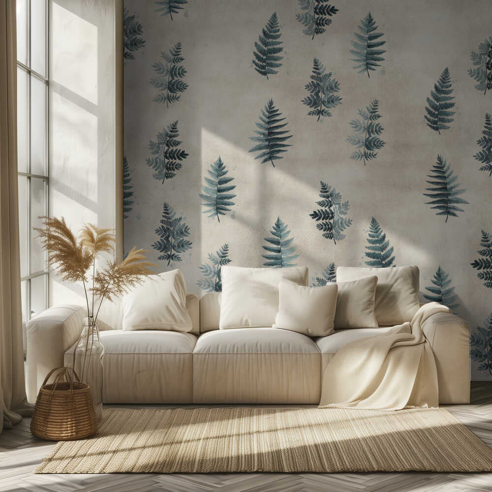 Türkisfarbenes Aquarell-Farnmuster | Tapete