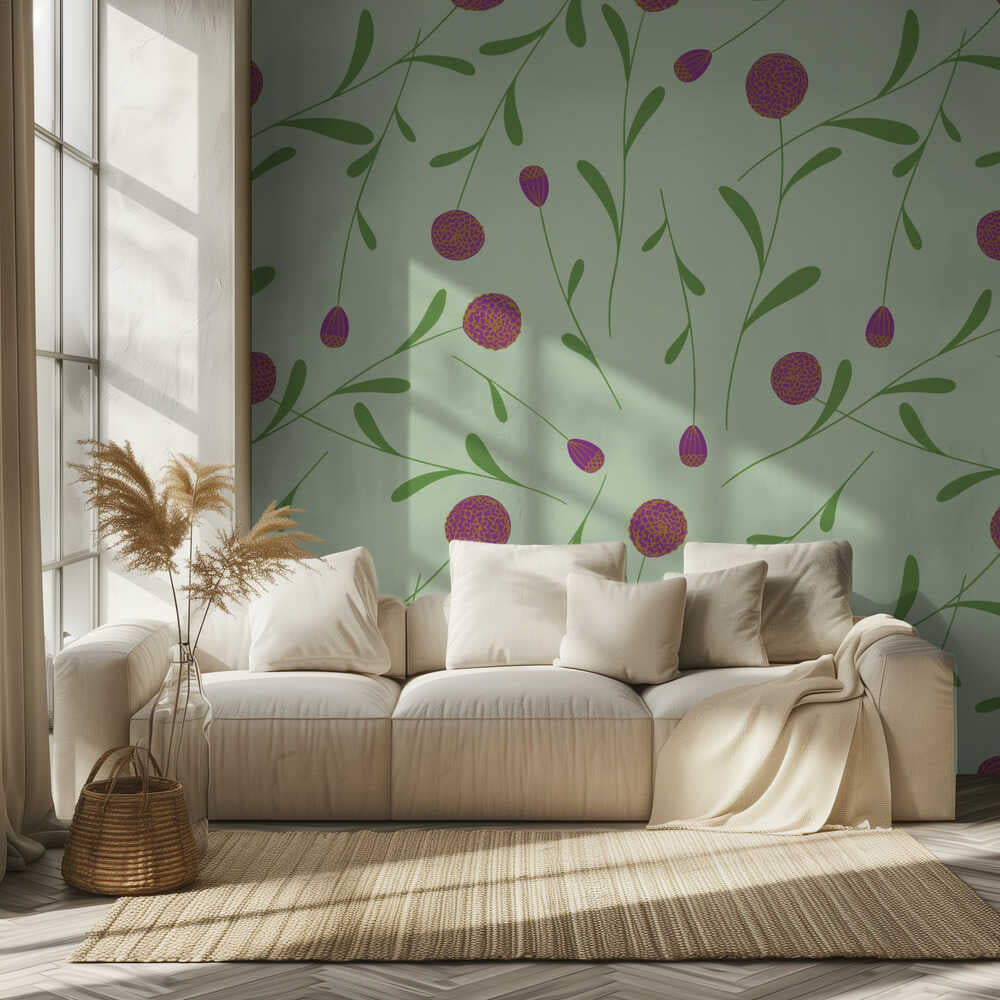 Pompom Flower Green and Pink Hw | Wallpaper