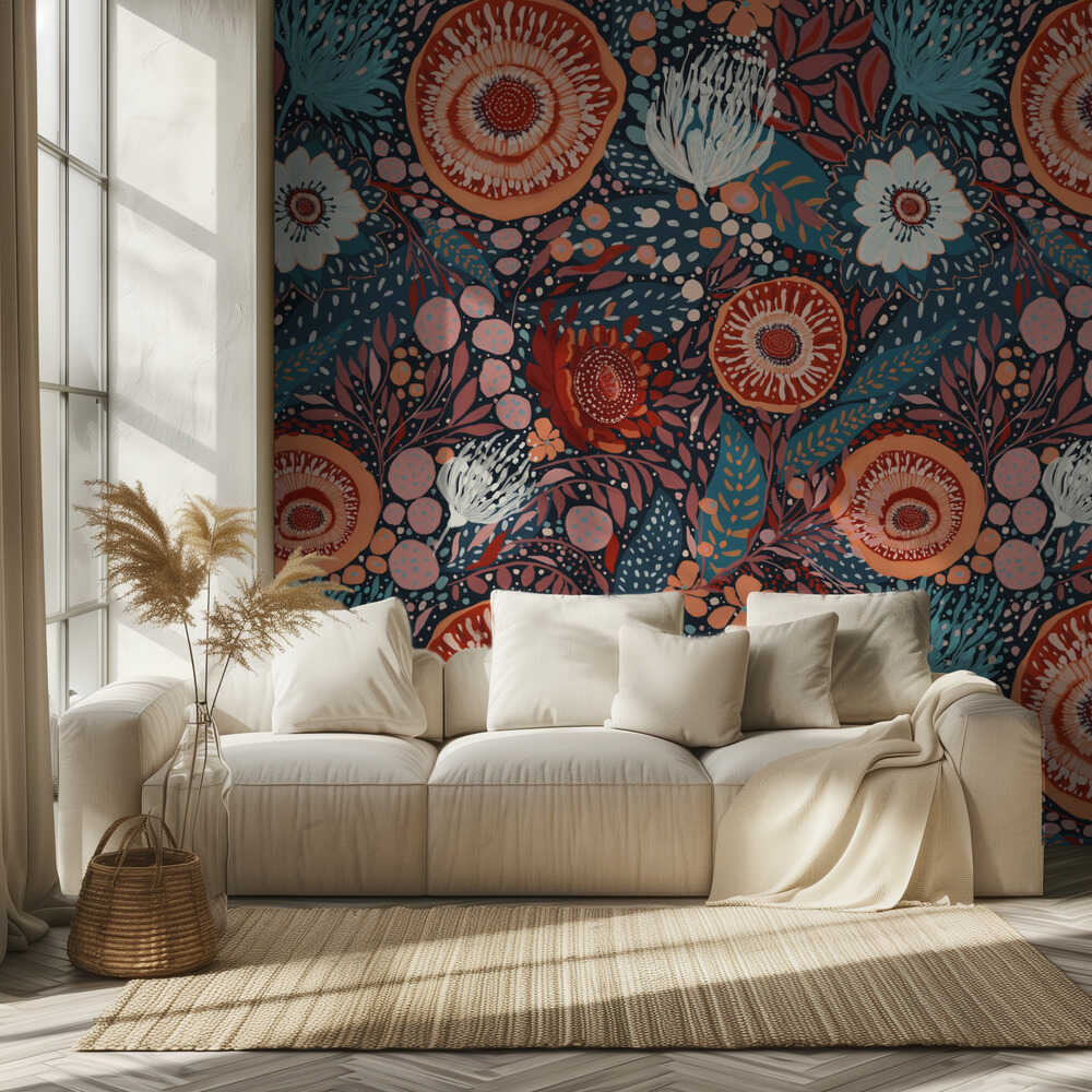 whimsical folk art-inspired pattern. Hand-painted flowers and foliage | Wallpaper