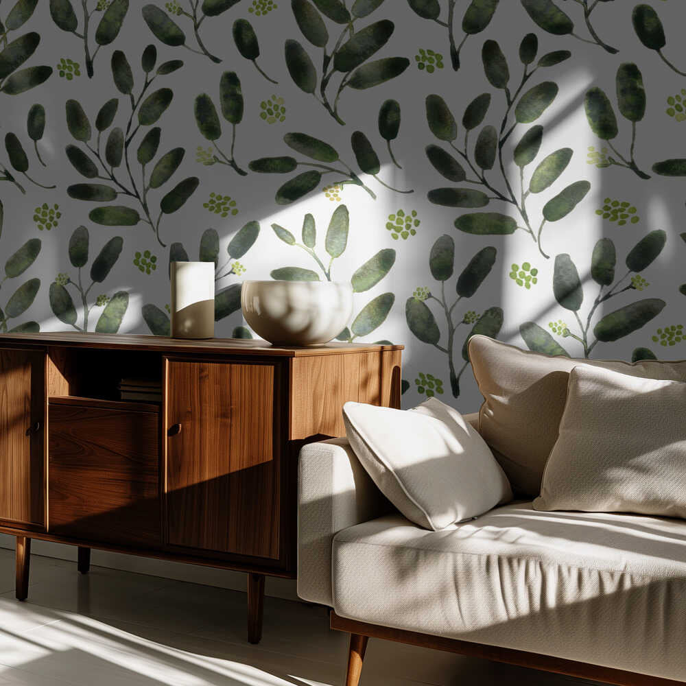 Lisa Aquarell-Eukalyptusmuster mit Samenständen | Tapete