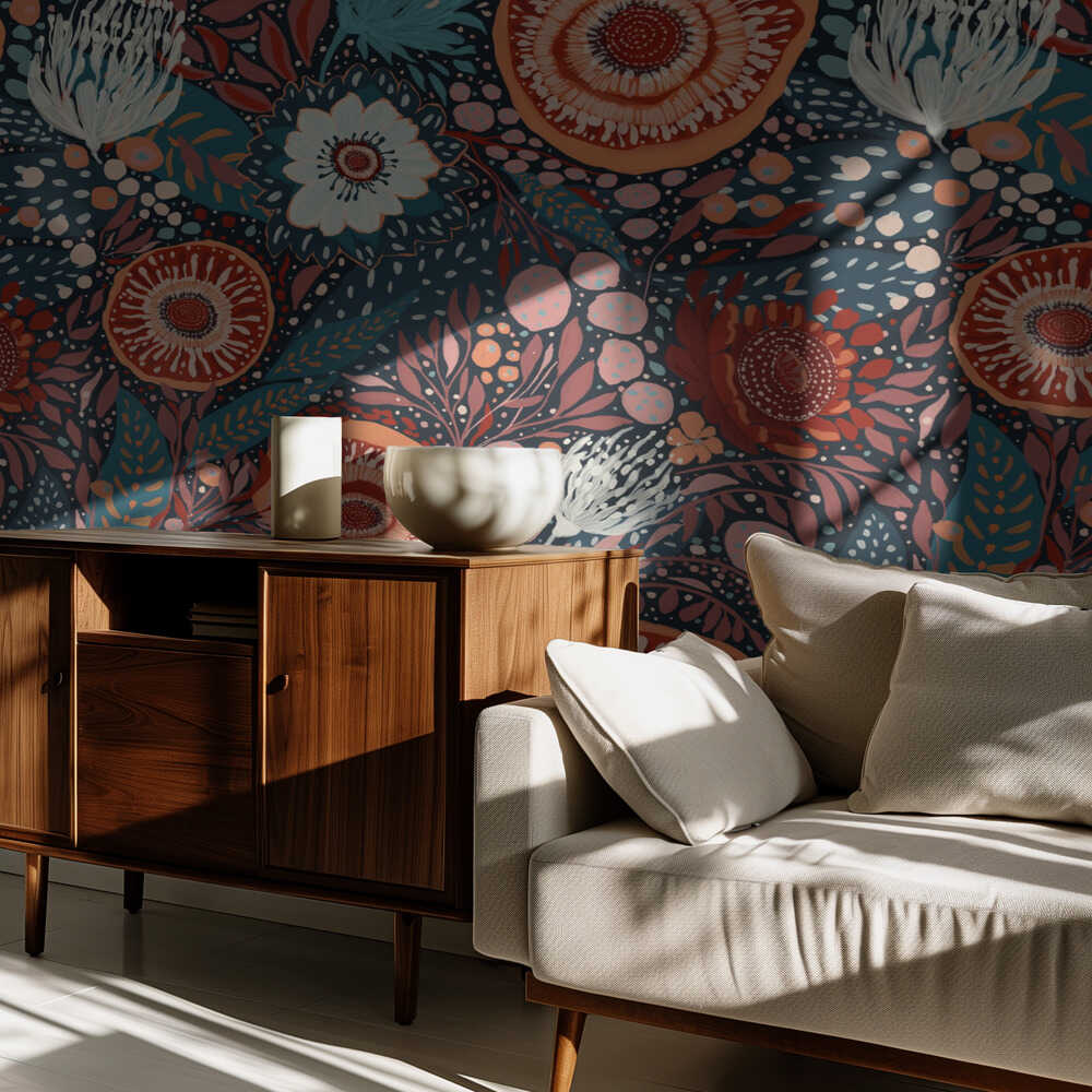 whimsical folk art-inspired pattern. Hand-painted flowers and foliage | Wallpaper