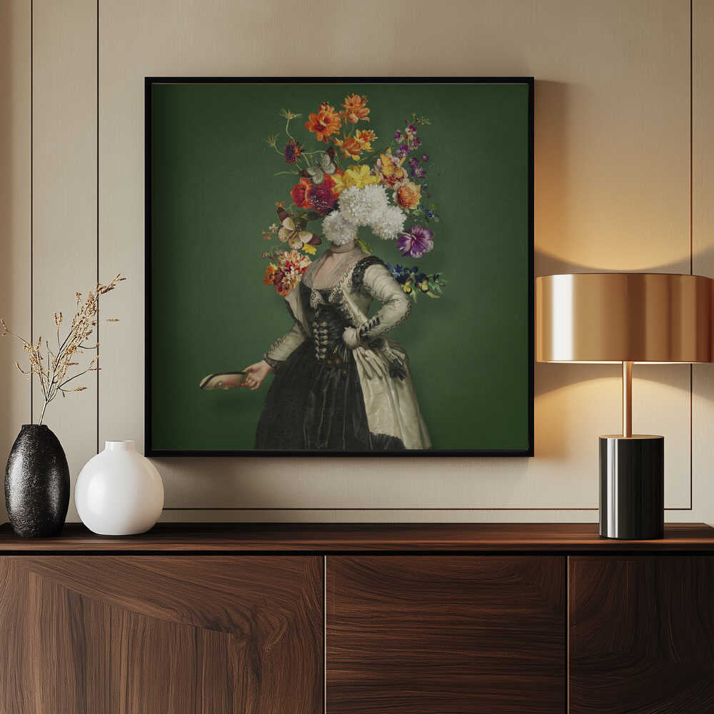 Klassische Porträtmalerei mit lebendigen floralen Elementen | Poster