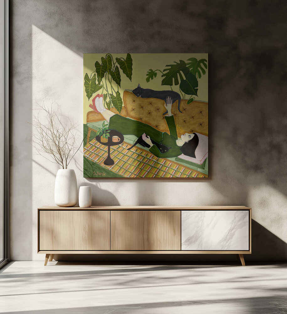 Katzenlady auf dem Sofa beim Date | Leinwand