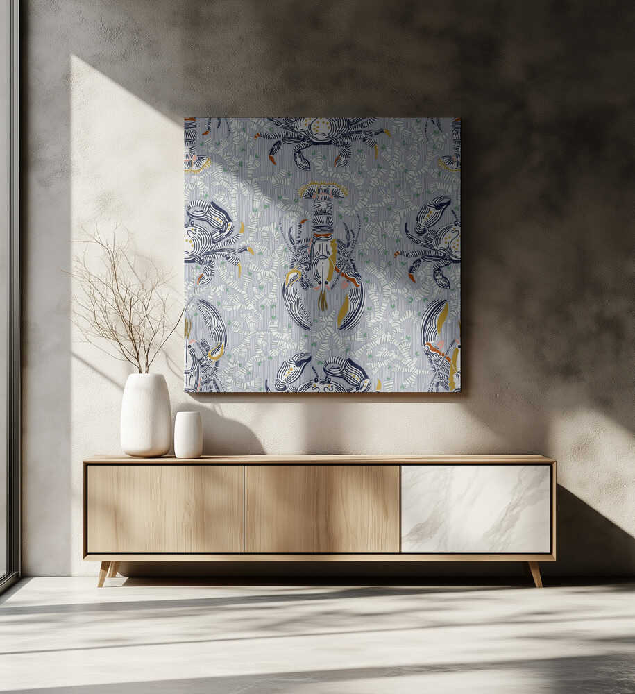 Motif gris nostalgie côtière avec homards et crabes | Toile