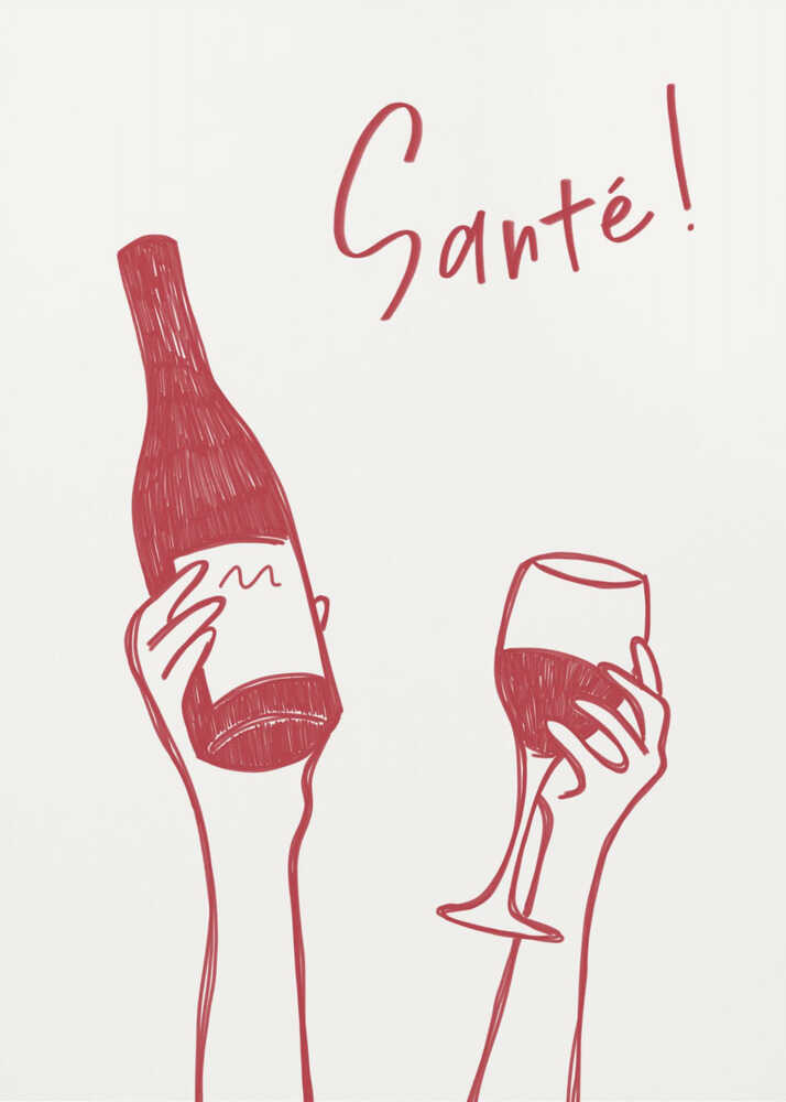 Mains tenant une bouteille et un verre de vin avec l'inscription « À votre santé ! » en français | Affiche