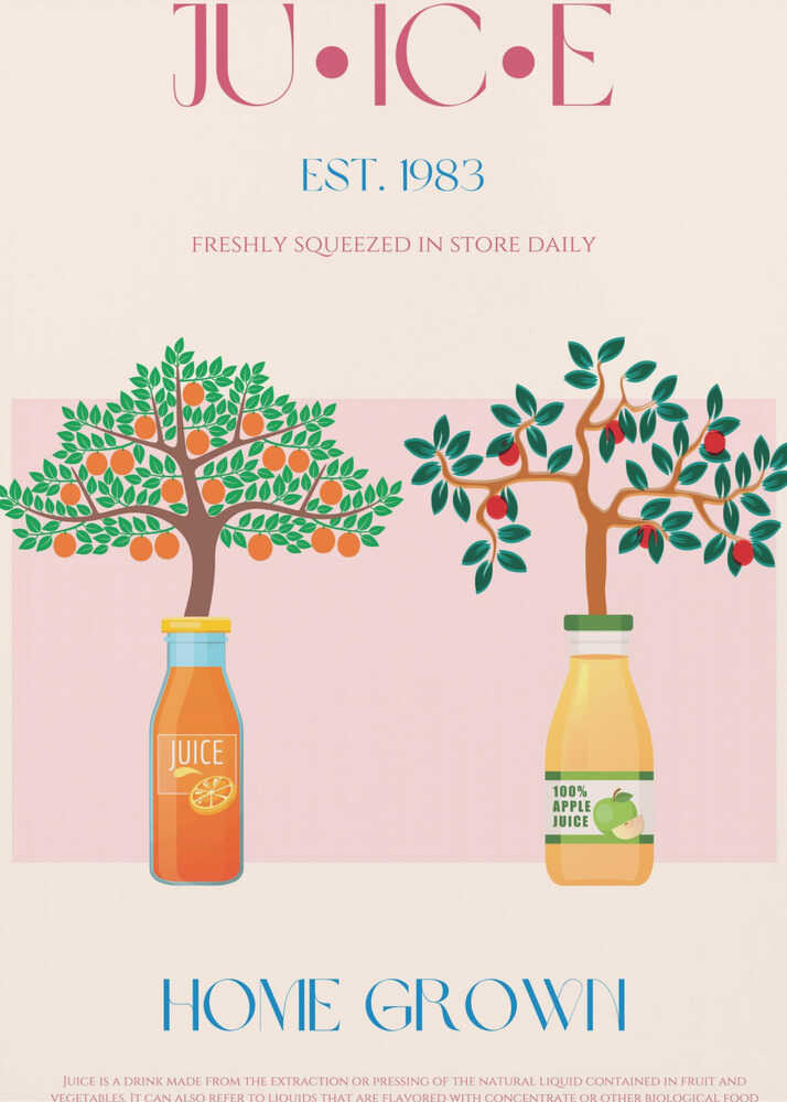 Orange and Apple Trees with Juice Bottles | Poster