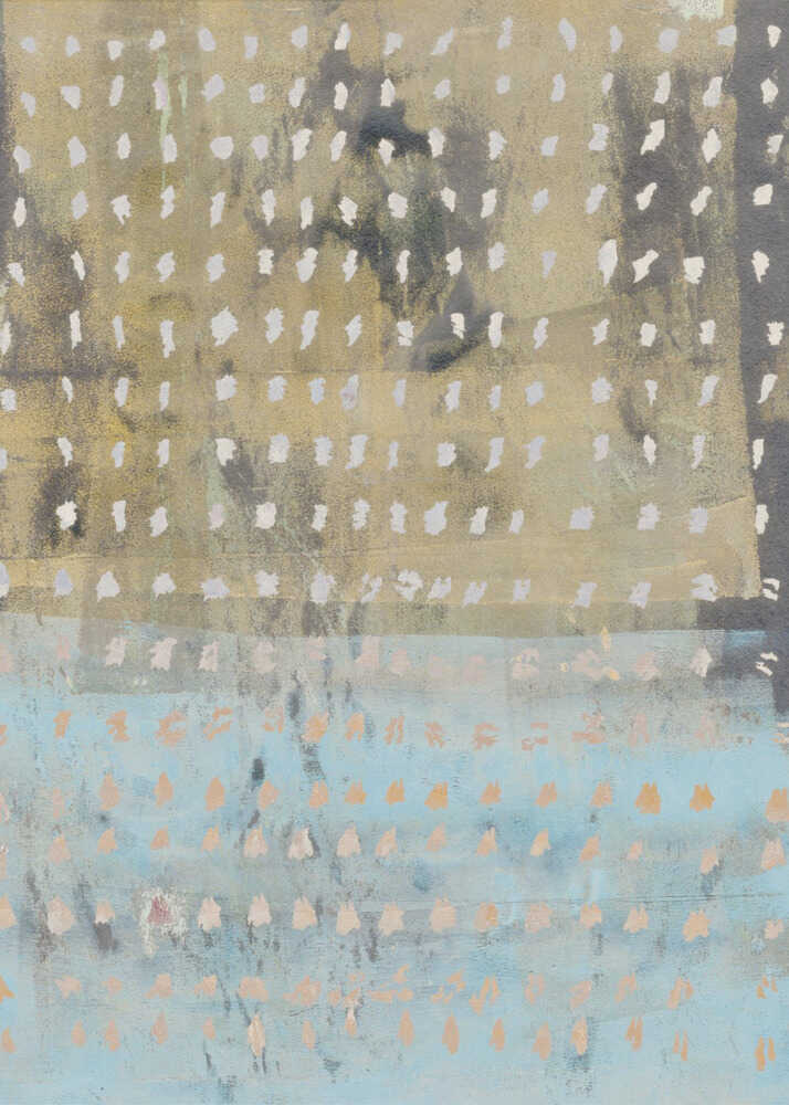 Zeitgenössisches abstraktes Gemälde in Gelb, Taupe, Hellblau | Leinwand